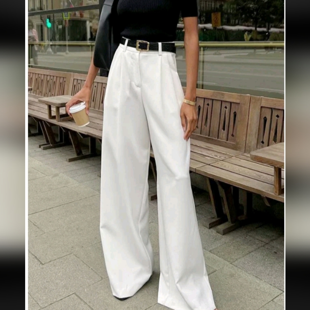 Commense High Waist Ecru Wide-Leg Pants NWT Size Med-mango-zara-H&M